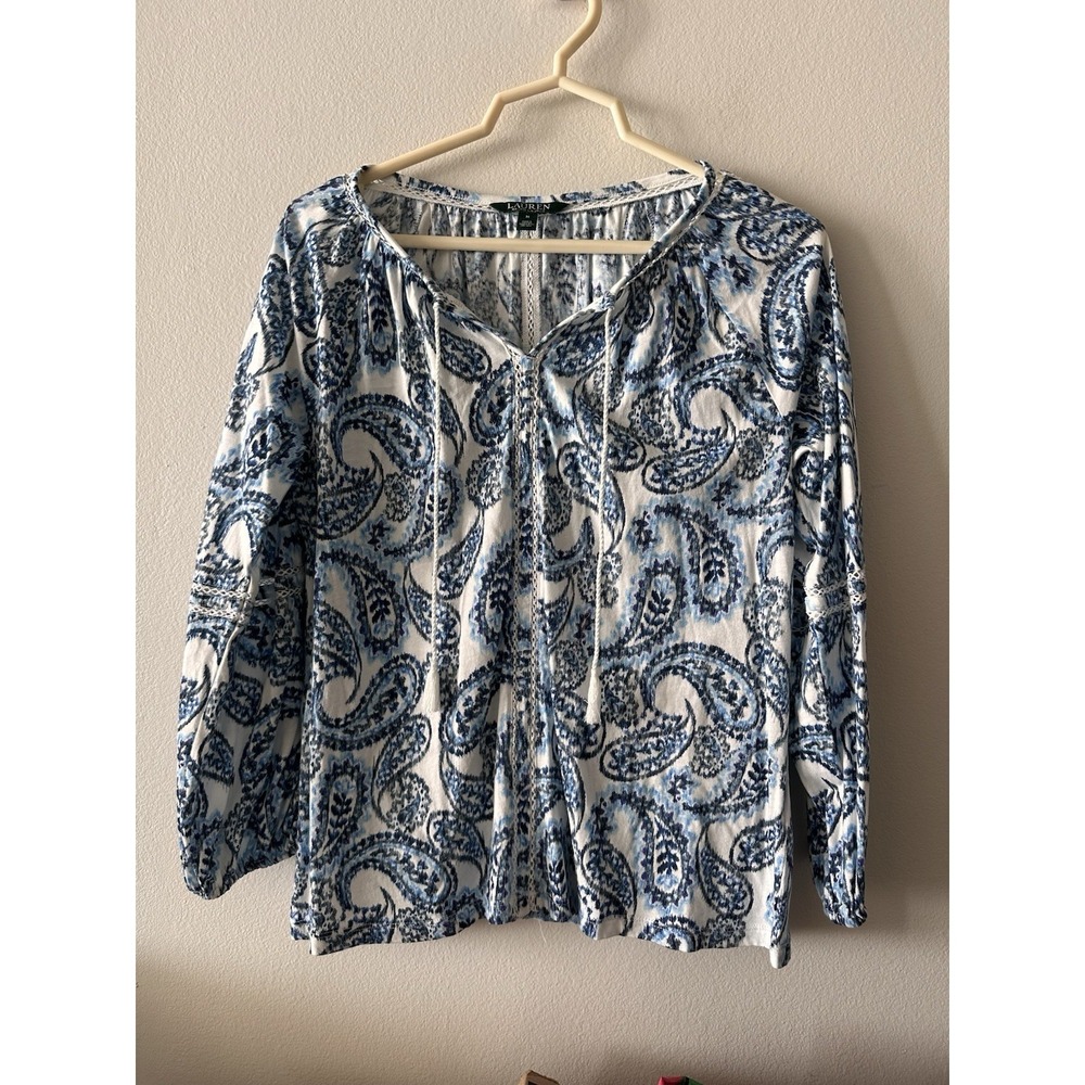 Lauren Ralph Lauren Peasant Blouse Medium Blue Paisley Cotton Boho Tassel Top